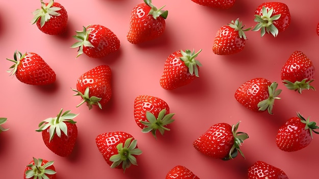 Fresh strawberries pattern on pink background conceptual fruit photography