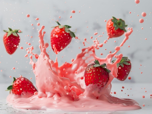 fresh strawberries suspended in midair amidst a dramatic splash of pink milk