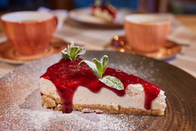 Fresh strawberry cheesecake Selective Focus Focus on the front upper edge of the cake