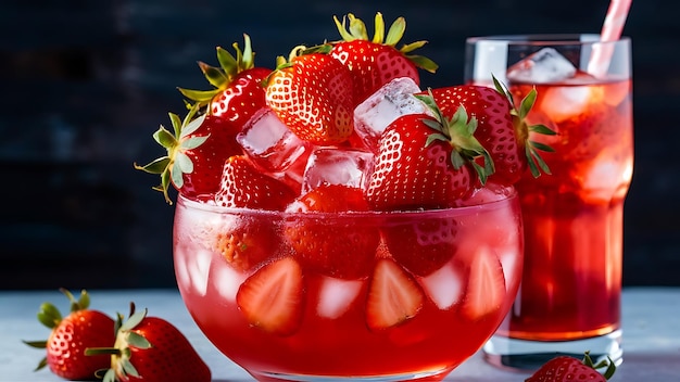 Fresh strawberry cocktail Fresh summer cocktail with strawberry and ice cubes Glass of strawberry soda drink on dark background