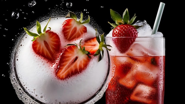 Fresh strawberry cocktail Fresh summer cocktail with strawberry and ice cubes Glass of strawberry soda drink on dark background