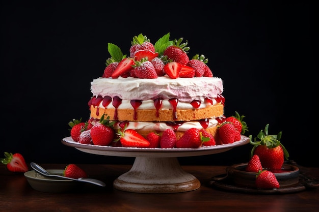 Fresh strawberry cream cake on plate with berry toppings delicious homemade dessert perfect for