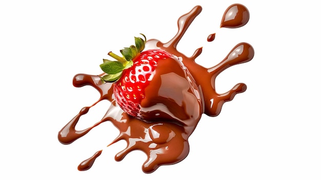 Fresh strawberry dipped in smooth melted chocolate with splashes against a clean white background Perfect for food blogs advertisements or recipe illustrations Clean and enticing visual AI