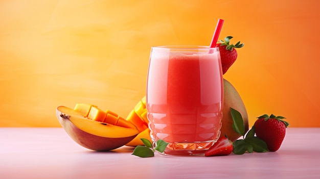 Fresh strawberry fruit juice with mango slice on pastel