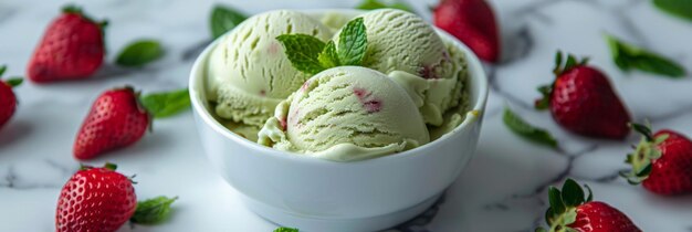 Fresh Strawberry Mint Gelato in Elegant White Bowl