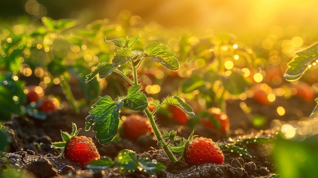 Fresh Strawberry Plants Growing in the Sunlight A closeup of strawberry plants in a field w