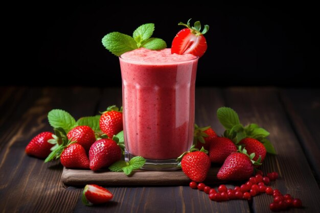 Fresh strawberry smoothie on wooden table