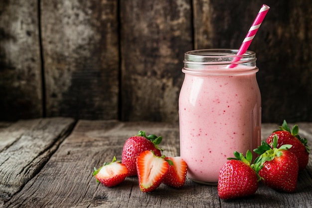 Fresh strawberry smoothies jar with straw