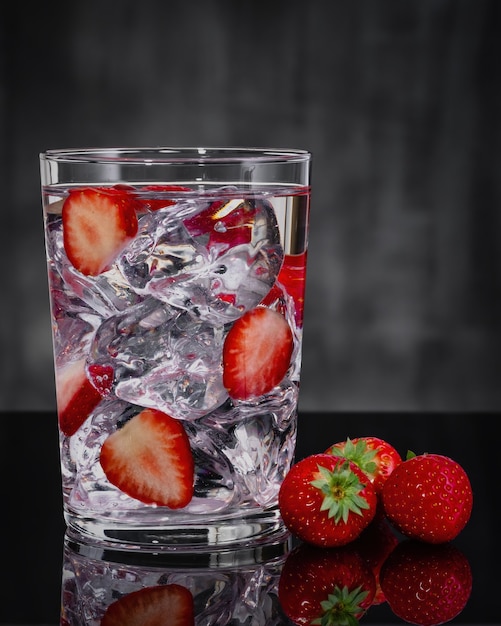 Fresh summer cocktail with strawberry and ice cubes