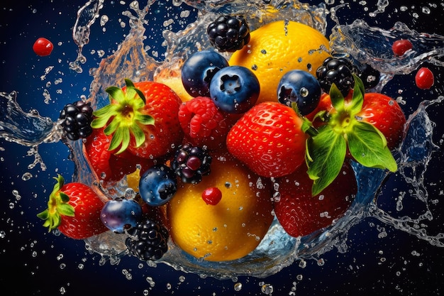 Fresh summer fruits on splashed water