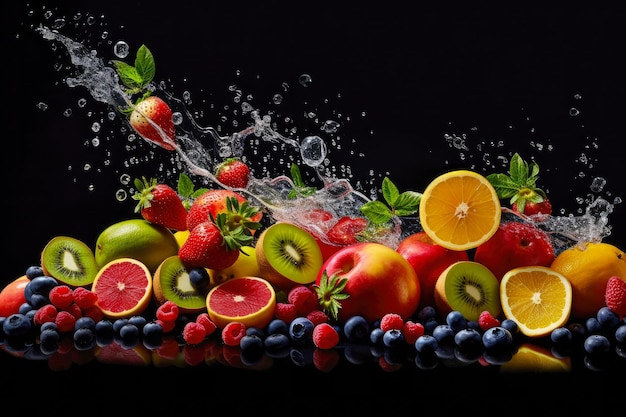 Fresh summer fruits on splashed water