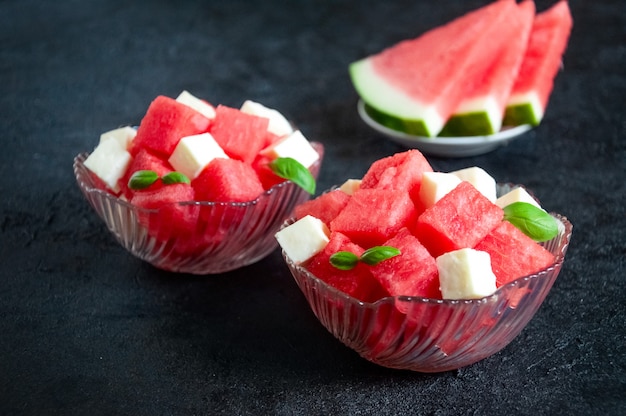 Fresh Summer Salad. Watermelon with Feta Cheese and Basil