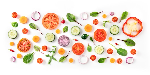 Fresh summer vegetable panorama a flat lay on a white background vibrant food pattern shot from the top