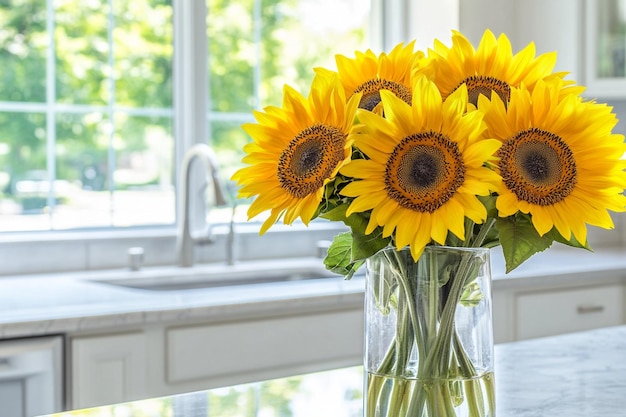 Fresh sunflowers in a clear vase on a kitchen table