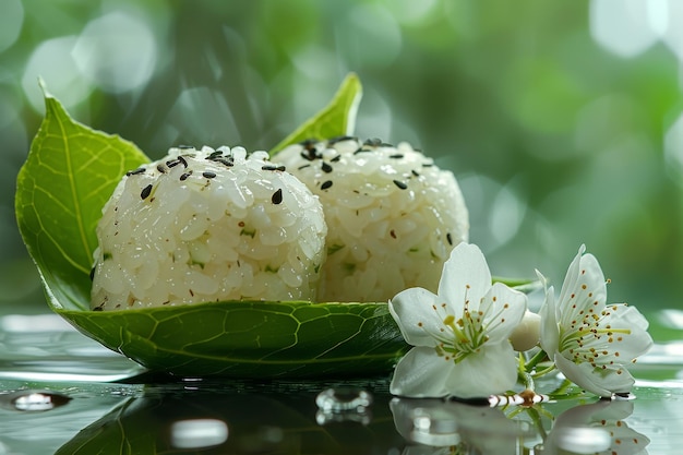 Fresh Sushi Balls with Sesame on Green Leaf and Blossom Decoration