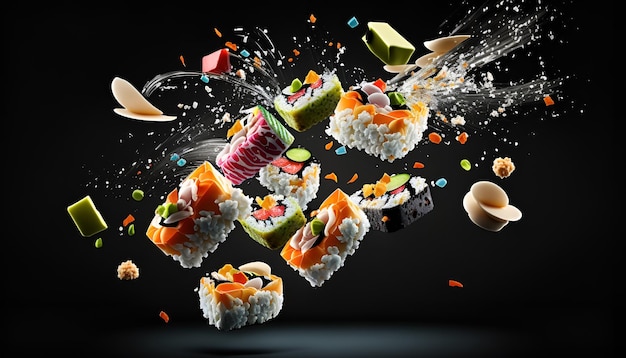 Fresh Sushi Flying in the Air, black gradient background.