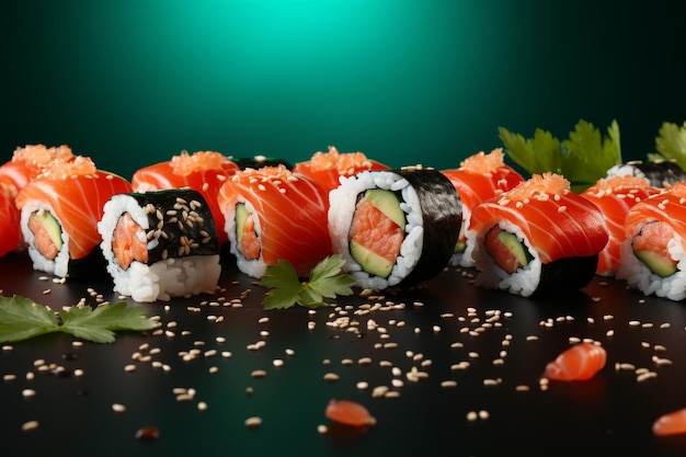 Fresh sushi pieces falling on vibrant solid color background for sale japanese cuisine concept