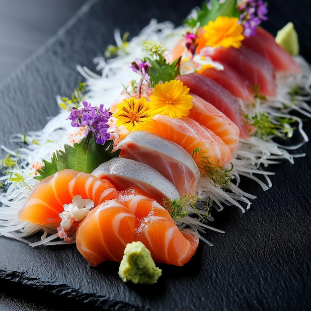 Photo fresh sushi platter arranged with colorful fish slices and decorative flowers on a black slate board