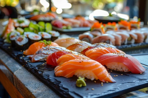 Fresh Sushi Spread with Assorted Nigiri and Rolls on Slate Platter