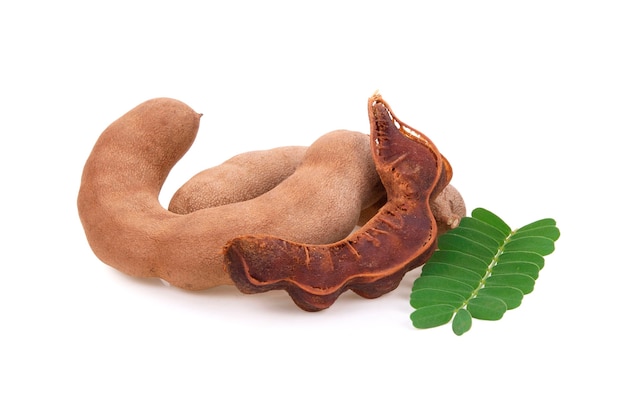 Fresh tamarind fruits and leaves isolated on white background