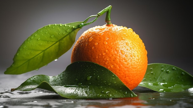 Fresh tangerine with green leaves on black background with copy spacegenerative ai