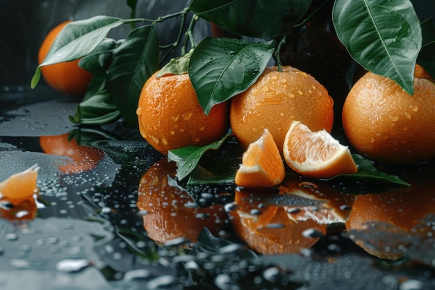 Photo fresh tangerines with leaves resting on wet black surface