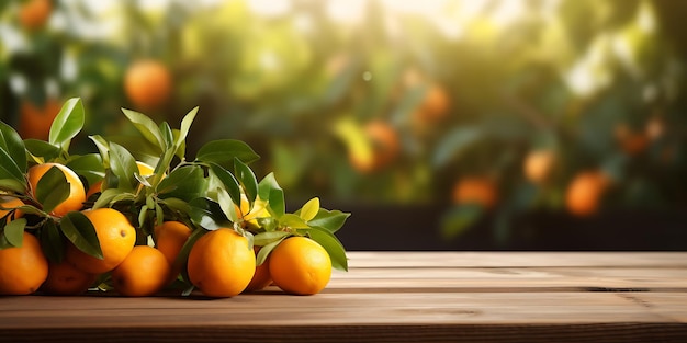 Fresh tangerines with leaves on wooden table against blurred background Space for text