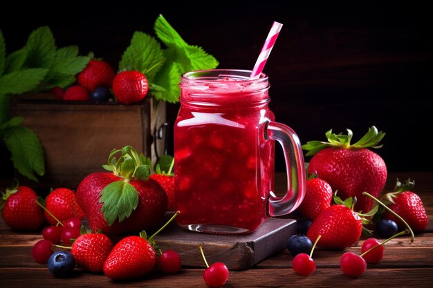 Fresh tasty berry juice or smoothie with straw with fresh strawberries and cherries on wood