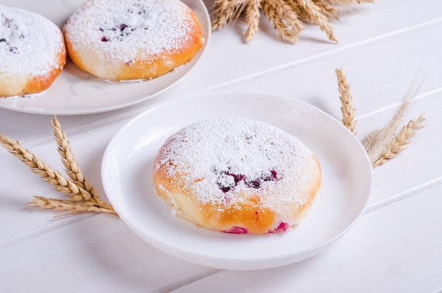 Fresh tasty bun with powdered sugar on white plate on white wooden background