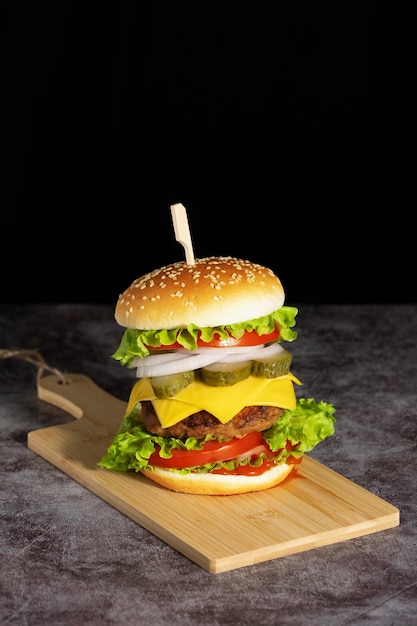 Fresh tasty burger on dark background Copy space for text