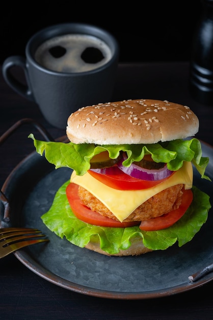 Fresh tasty burger on dark background