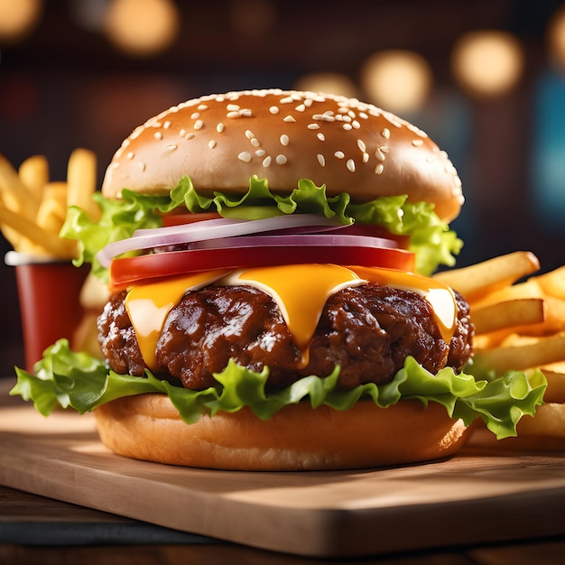 Fresh tasty burger with fries on a wooden board