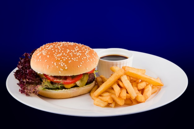 Fresh tasty burger with a Patty made of beef with tomato, cheese, cucumber with a side dish of French fries and sauce.