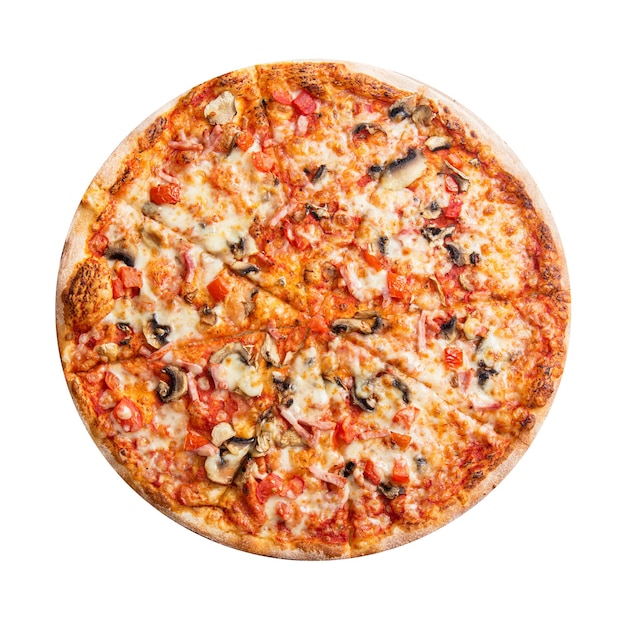 Fresh tasty capricciosa pizza with mozzarella, cheese, tomatoes, ham and champignons isolated on white background