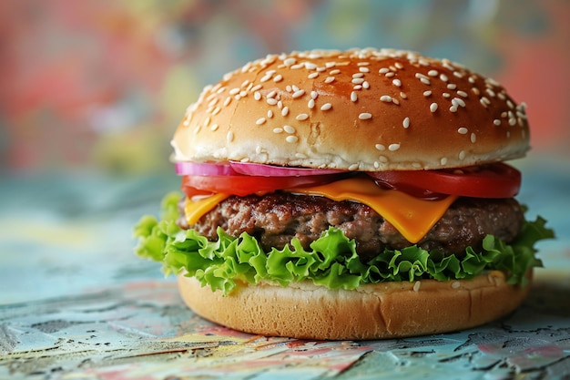 Fresh tasty cheeseburger isolated on colorful background delicious big hamburguesa