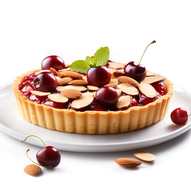 Fresh and Tasty Cherry Almond Tart isolated on White background