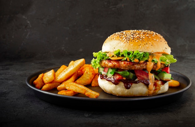 Fresh tasty chicken burger with french fries on dark background