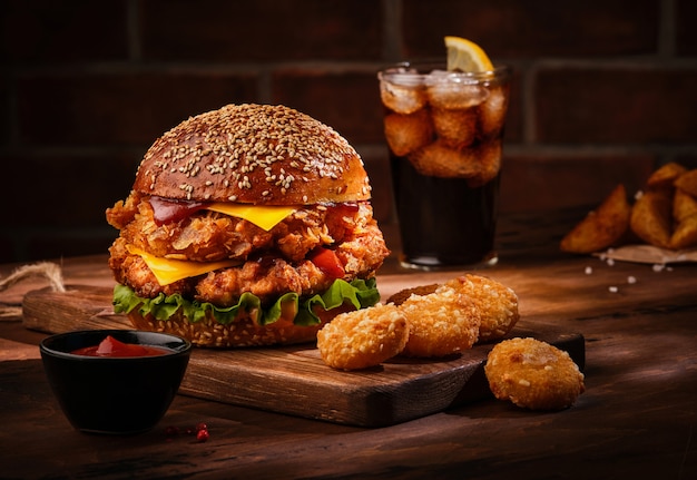 Fresh tasty homemade burger on wooden table.