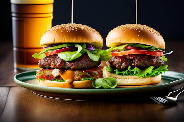 fresh tasty homemade burger on wooden table