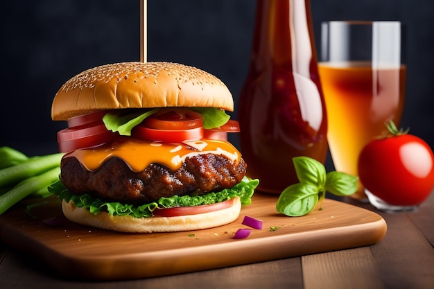 fresh tasty homemade burger on wooden table