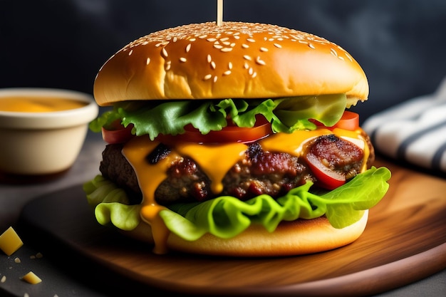 fresh tasty homemade burger on wooden table