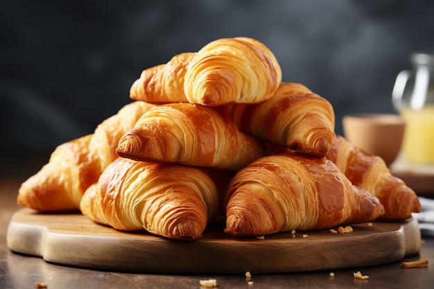 Fresh tasty homemade croissants on grey