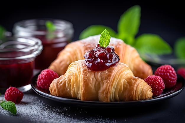 Fresh tasty homemade croissants with raspberry jam on grey