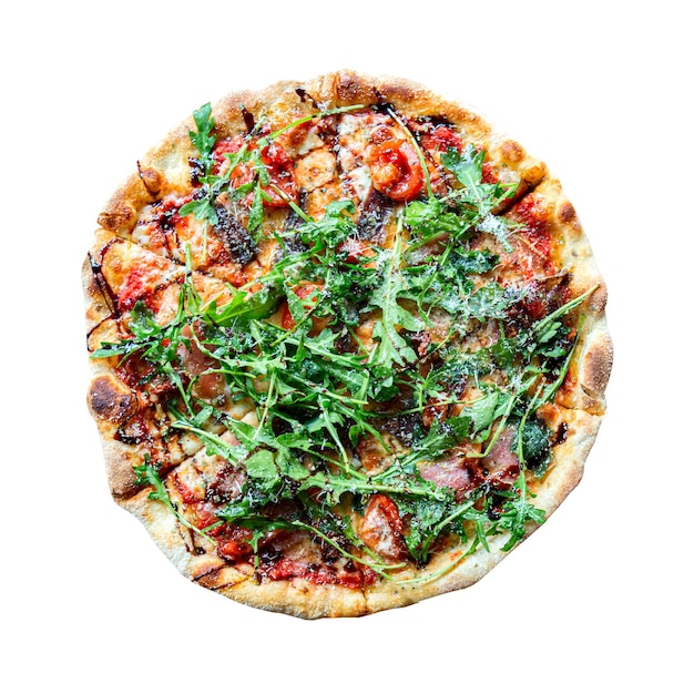 Fresh tasty meat pizza with cheese, tomatoes, beef, pork and ruccola isolated on white background.