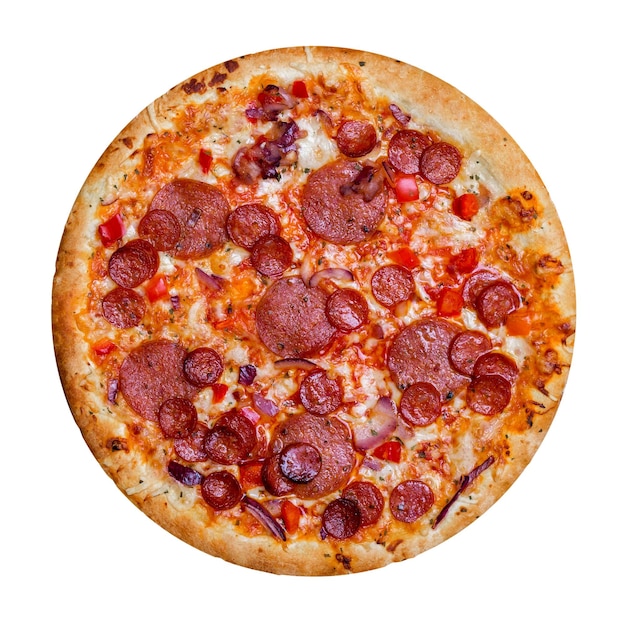 Fresh tasty pizza with pepperoni, salami, onion, tomatoes and cheese isolated on white background. Top view.