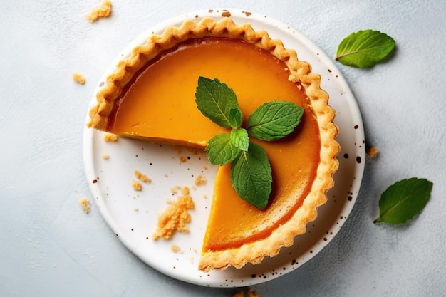 Fresh tasty pumpkin pie with mint leafs on table Generative AI