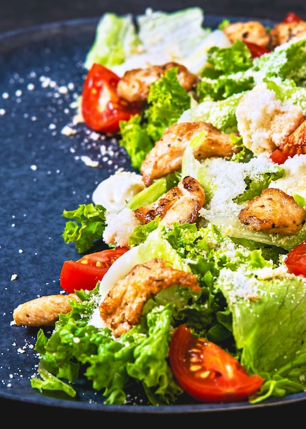 Fresh and tasty salad with grilled chicken and fresh vegetables