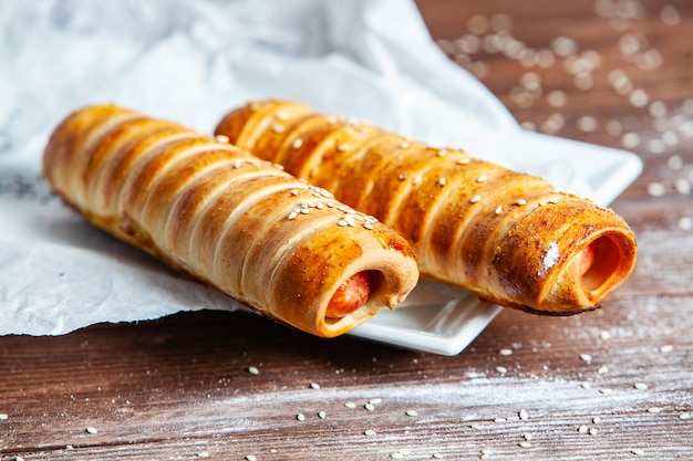 Fresh tasty sausage rolls on plate