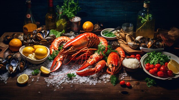 Fresh tasty seafood served on old wooden table