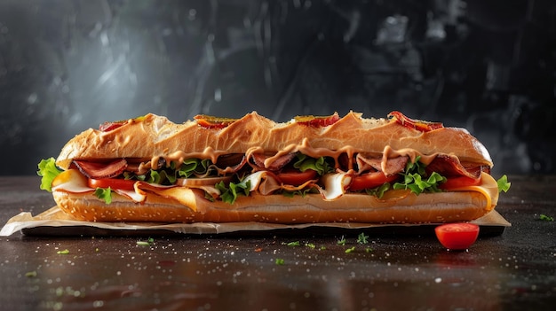 Fresh and Tasty Sub Sandwich on Dark Background Mouthwatering sub sandwich with layers of del